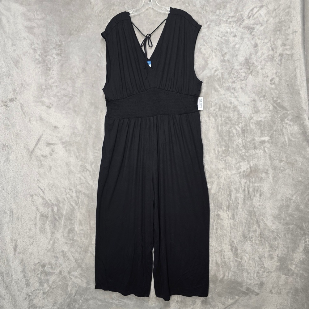 Old Navy Jumpsuit Women XXL Black Smocked Waist V-Neck Wide Leg Stretchy Comfort